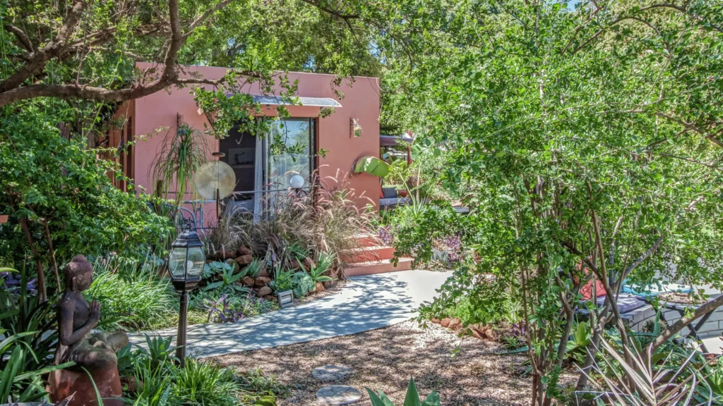 Shaded garden path at the lodge