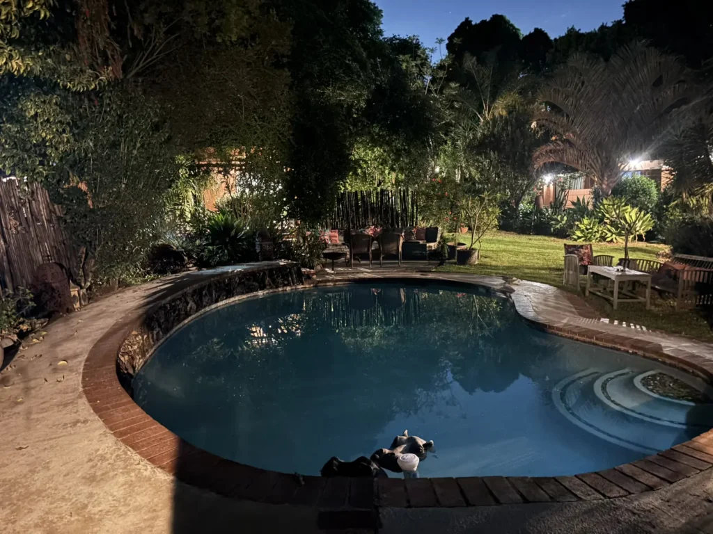 Kidney-shaped pool at dusk, with the lounge corner and lawn behind